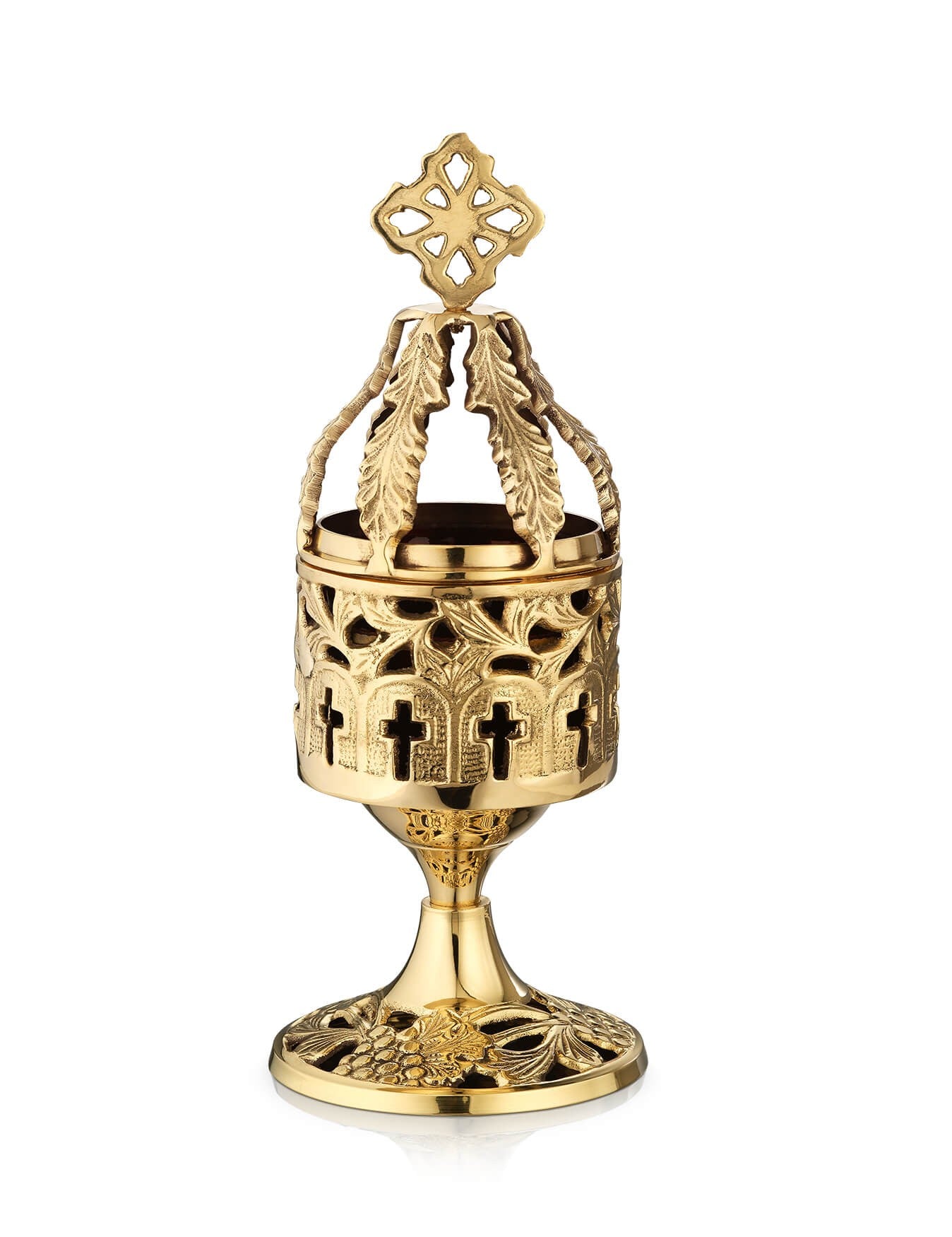 Brass vigil lamp Vine design – front view | TheHolyArt