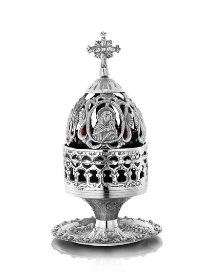 Brass vigil lamp Virgin Mary design – front view | TheHolyArt