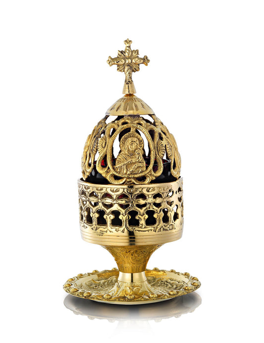 Brass vigil lamp Virgin Mary design – front view | TheHolyArt
