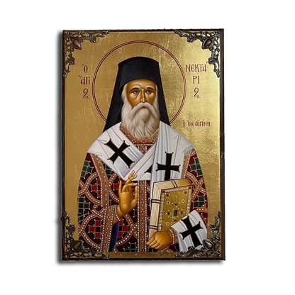 Saint Nektarios Greek Orthodox serigraphy icon on wood with metal corners - TheHolyArt