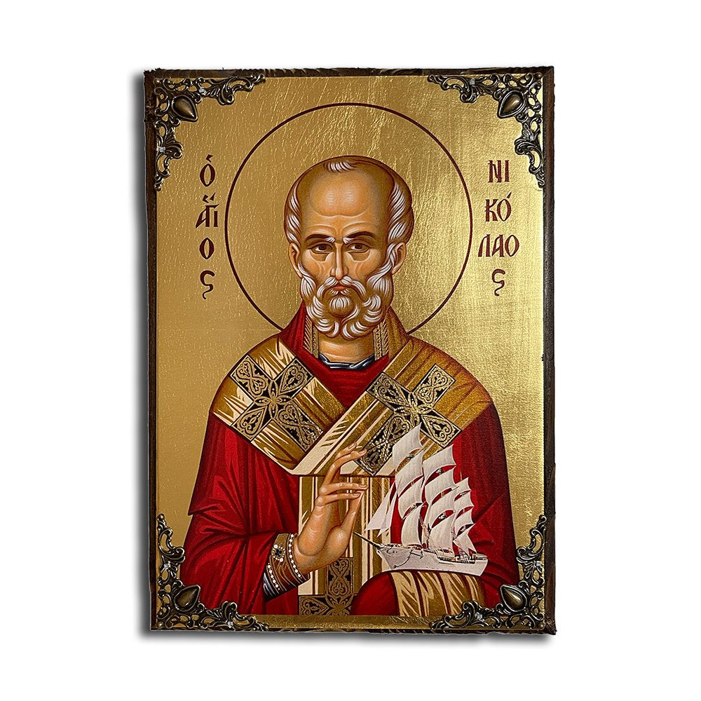 Saint Nicholas Greek Orthodox serigraphy icon on wood with metal corners - TheHolyArt