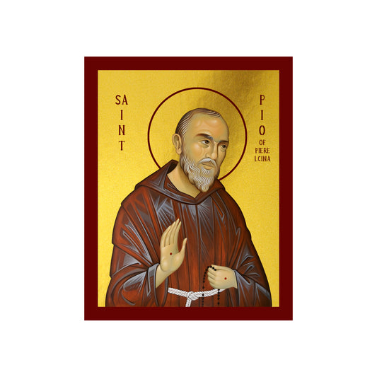 Saint Padre Pio of Pietrelcina icon, handmade lithography on wood plaque, the Capuchin friar with the stigmata