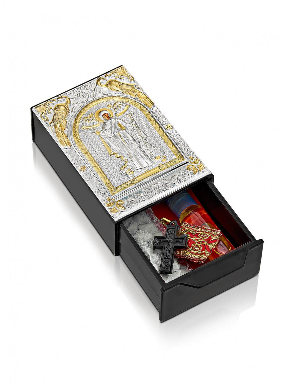 Blessing Set - Incense Holder, framed with Byzantine Silver plated icon of Panagia Athonitissa