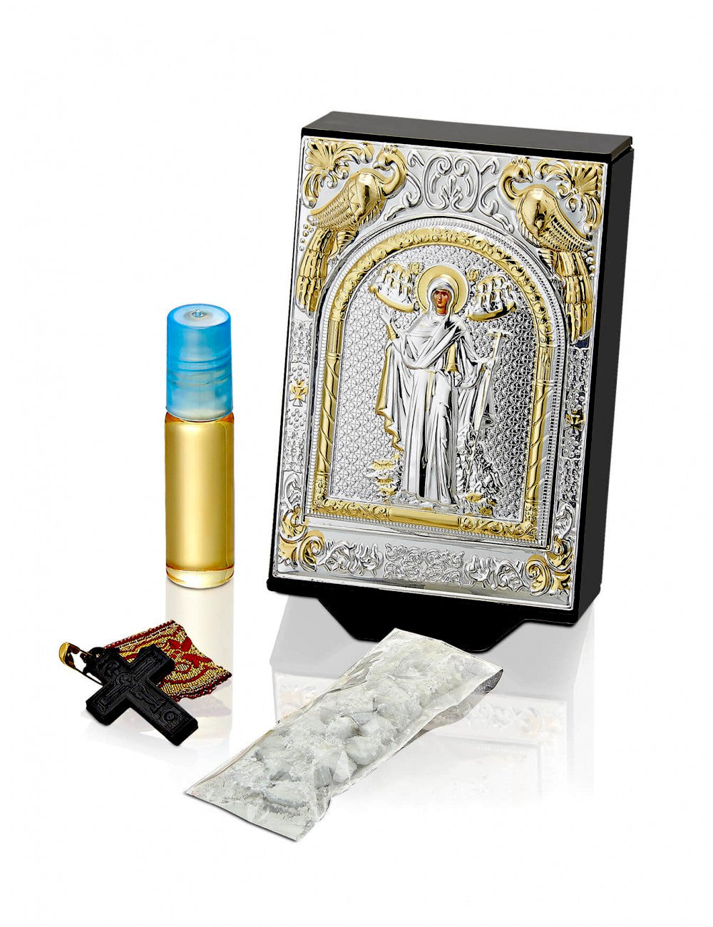 Blessing Set - Incense Holder, framed with Byzantine Silver plated icon of Panagia Athonitissa