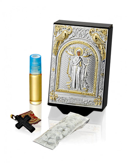 Blessing Set - Incense Holder, framed with Byzantine Silver plated icon of Panagia Athonitissa