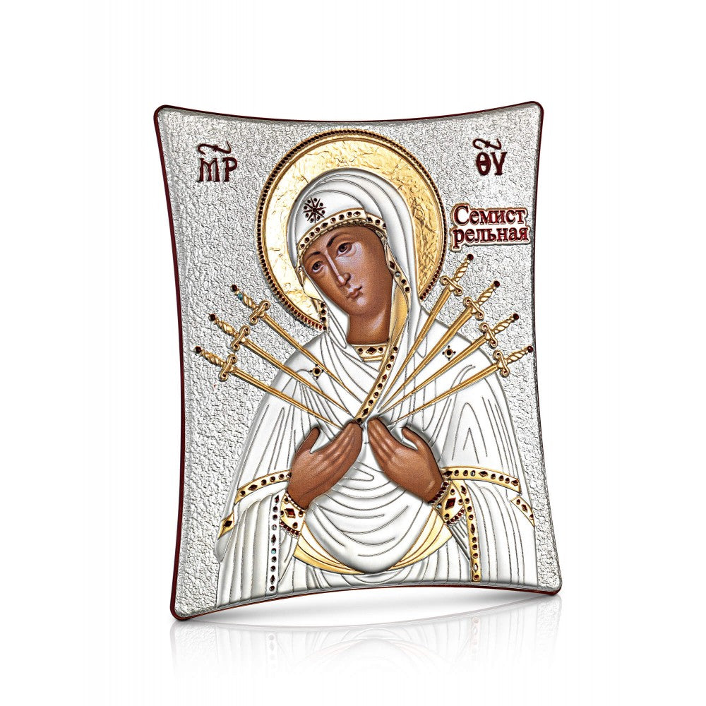 Virgin Mary with the Seven Swords sterling silver 925 Orthodox icon, gold-plated Byzantine, handmade in Greece