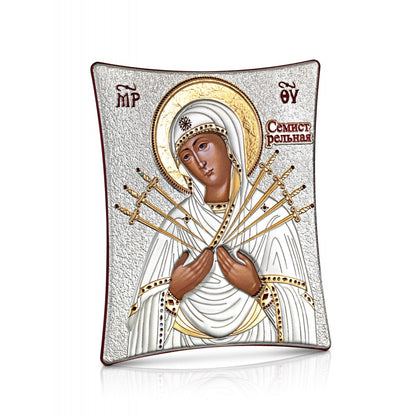 Virgin Mary with the Seven Swords sterling silver 925 Orthodox icon, gold-plated Byzantine, handmade in Greece
