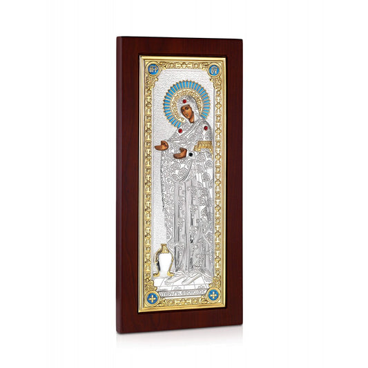 Virgin Mary "The Elderess" of Mount Athos sterling silver 925 Orthodox icon, gold-plated Byzantine, handmade in Greece