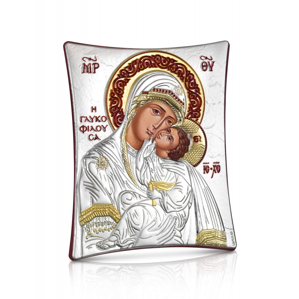 Virgin Mary Glykophilousa sterling silver 925 Orthodox icon, gold-plated Byzantine, handmade in Greece
