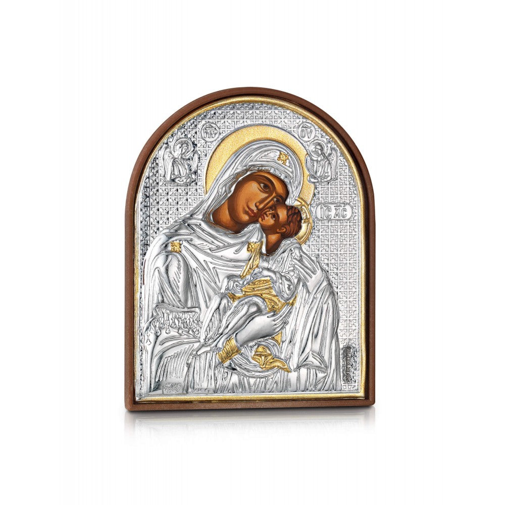 Virgin Mary Glykophilousa miniature sterling silver 925 Orthodox icon, gold-plated Byzantine, handmade in Greece