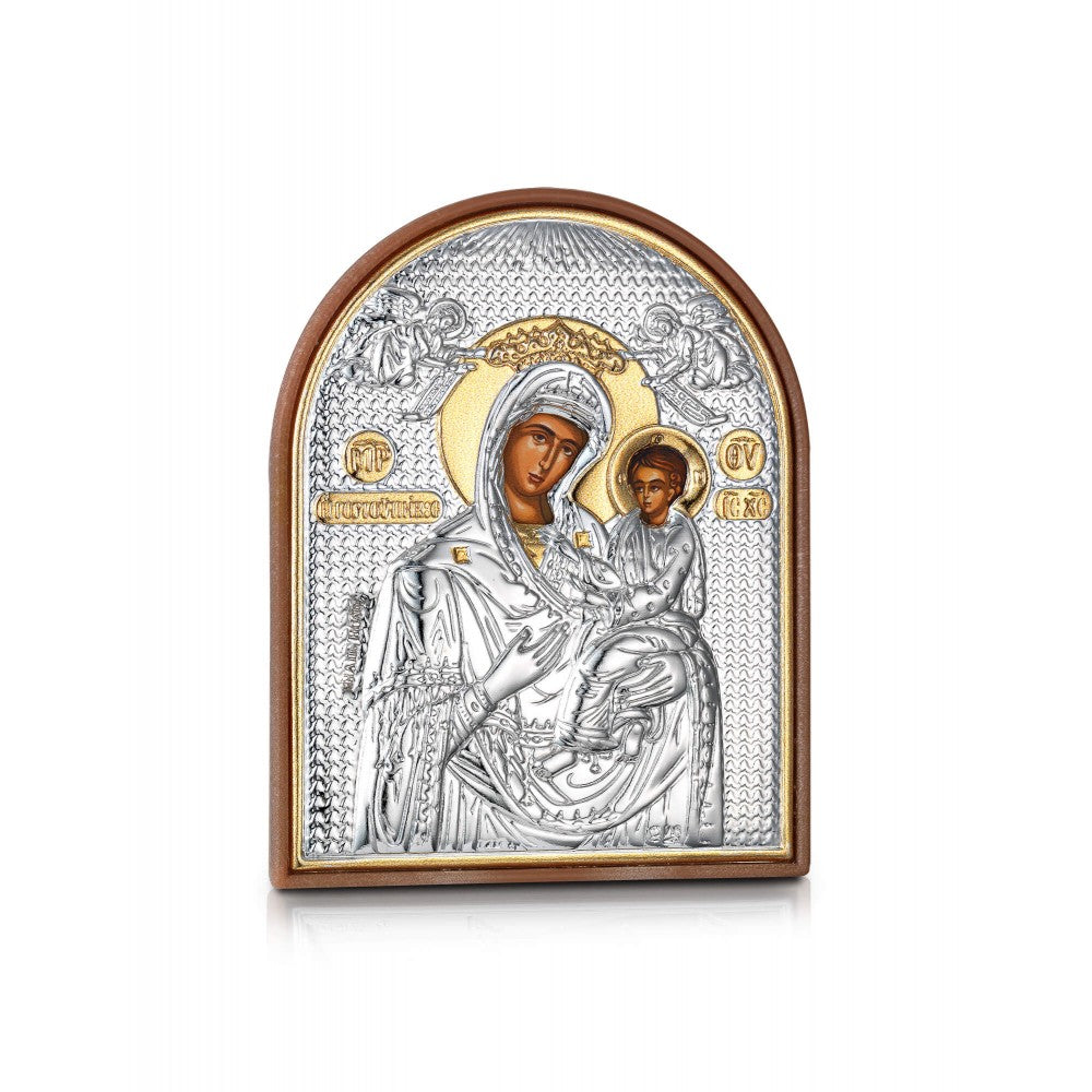 Virgin Mary Gorgoepikoos miniature sterling silver 925 Orthodox icon, gold-plated Byzantine, handmade in Greece