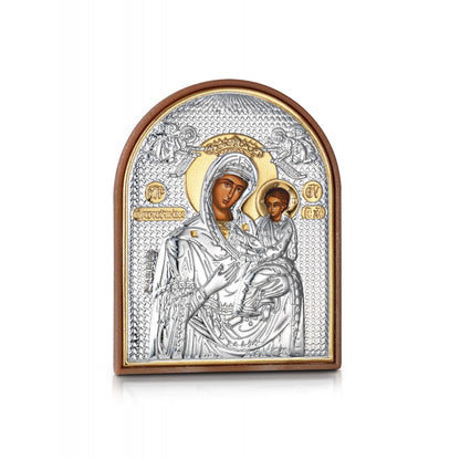 Virgin Mary Gorgoepikoos miniature sterling silver 925 Orthodox icon, gold-plated Byzantine, handmade in Greece