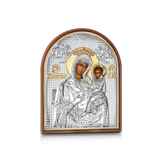 Virgin Mary Gorgoepikoos miniature sterling silver 925 Orthodox icon, gold-plated Byzantine, handmade in Greece