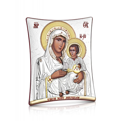 Virgin Mary of Jerusalem sterling silver 925 Orthodox icon, gold-plated Byzantine, handmade in Greece