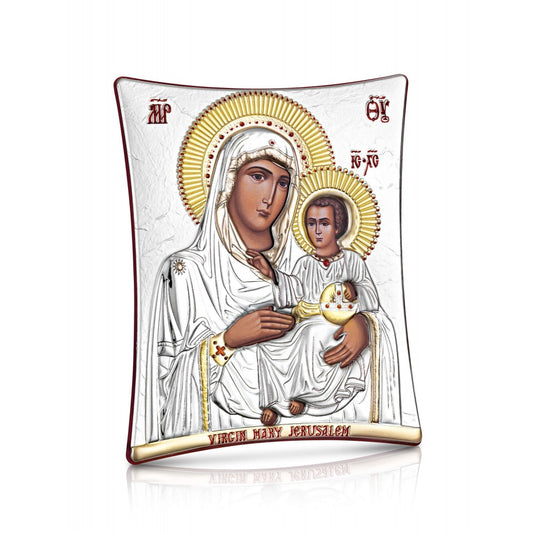 Virgin Mary of Jerusalem sterling silver 925 Orthodox icon, gold-plated Byzantine, handmade in Greece