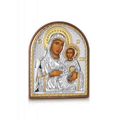 Virgin Mary of Jerusalem miniature sterling silver 925 Orthodox icon, gold-plated Byzantine, handmade in Greece