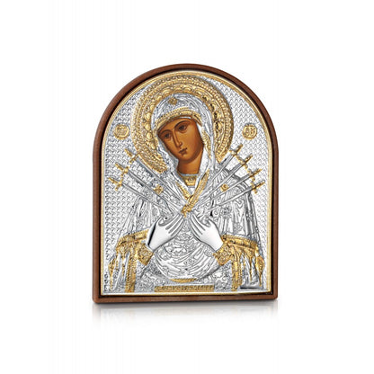 Virgin Mary with the Seven Swords miniature sterling silver 925 Orthodox icon, gold-plated Byzantine, handmade in Greece