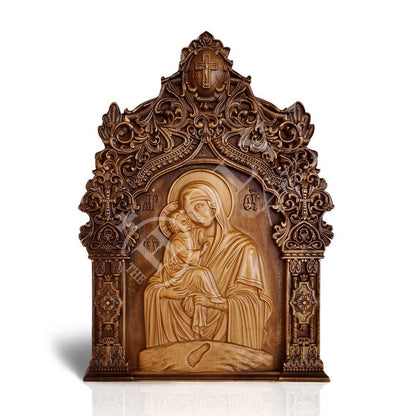 Virgin Mary of Potsaef icon Panagia, Handmade Hand Carved Wooden Greek Orthodox Icon of Theotokos, Mother of God Byzantine art wall hanging wood plaque - TheHolyArt