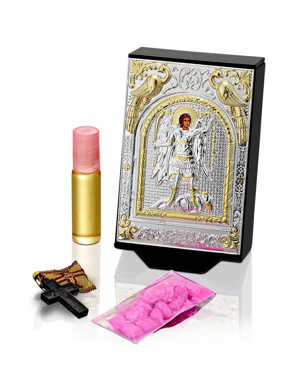 Blessing Set - Incense Holder, framed with Byzantine Silver plated icon of Archangel Michael Panormitis