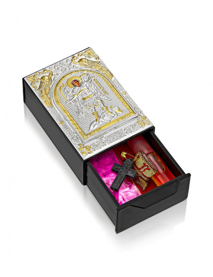 Blessing Set - Incense Holder, framed with Byzantine Silver plated icon of Archangel Michael Panormitis