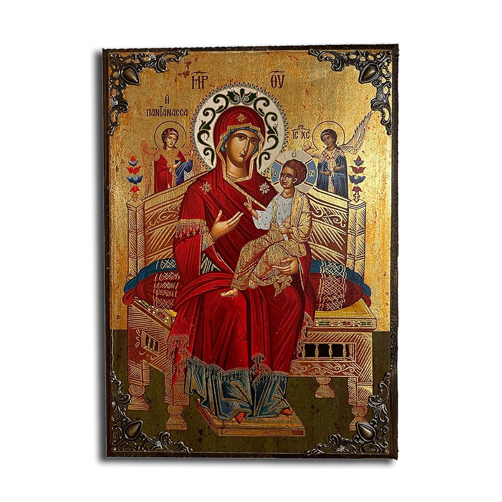 Virgin Mary Pantanassa Greek Orthodox serigraphy icon on wood with metal corners - TheHolyArt
