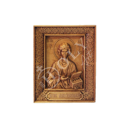 Saint Panteleimon icon, Greek Handmade Hand Carved Wooden Orthodox icon of Saint Pantaleon, Byzantine art wall hanging of San Pantaleone, religious gift - TheHolyArt