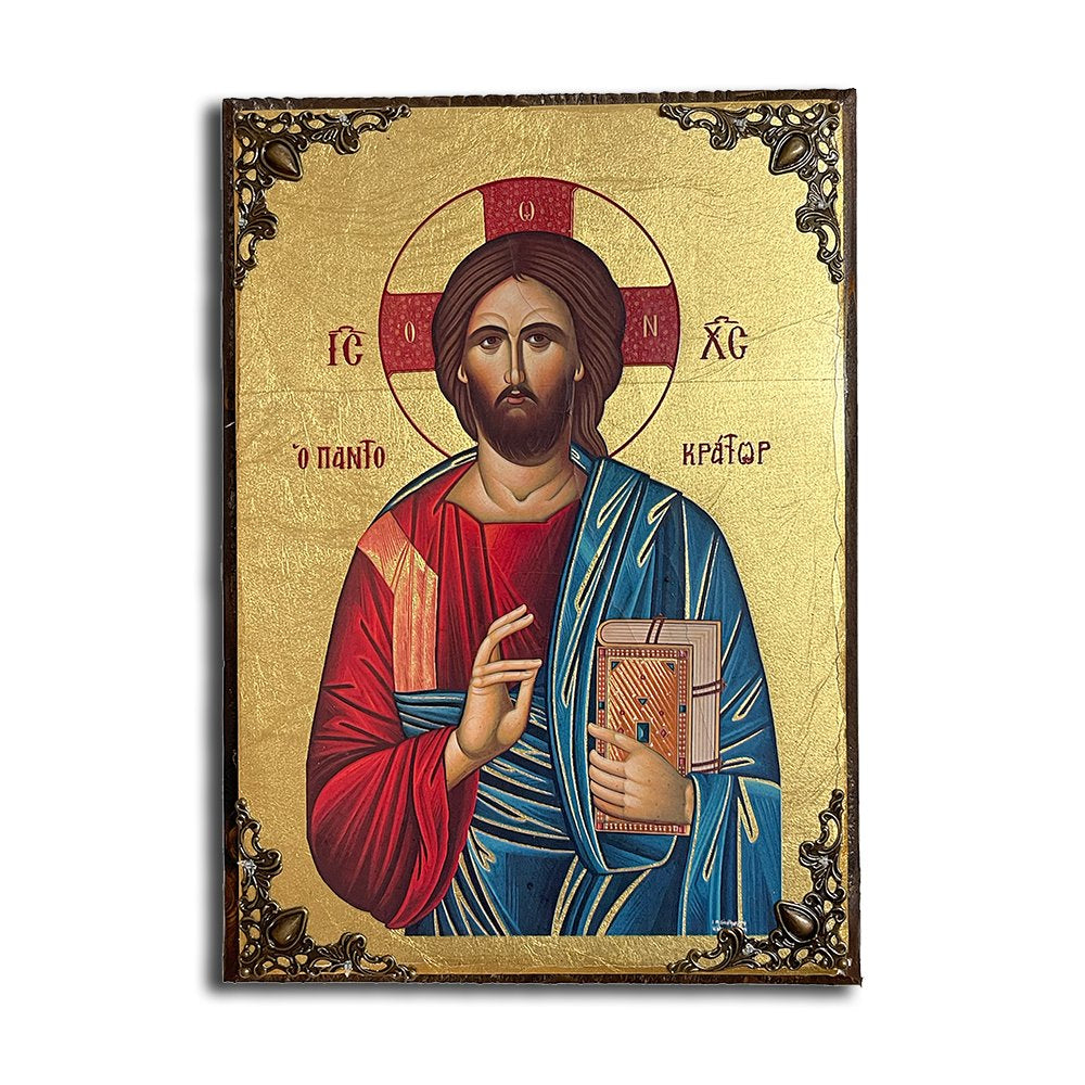 Jesus Christ Pantocrator Greek Orthodox serigraphy icon on wood with metal corners - TheHolyArt
