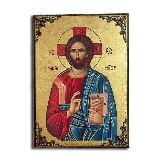 Jesus Christ Pantocrator Greek Orthodox serigraphy icon on wood with metal corners - TheHolyArt
