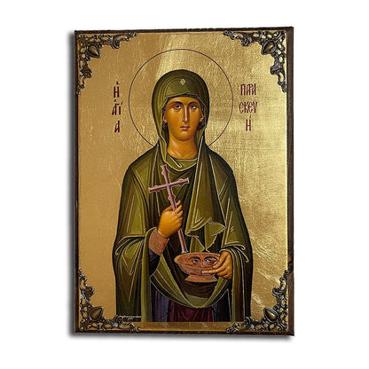 Saint Paraskevi Greek Orthodox serigraphy icon on wood with metal corners - TheHolyArt