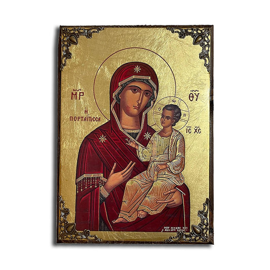 Virgin Mary Portaitissa Greek Orthodox serigraphy icon on wood with metal corners - TheHolyArt