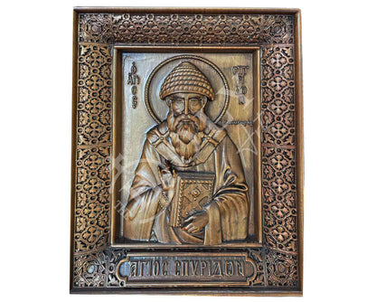 Saint Spyridon icon, Handmade Hand Carved Wooden Greek Orthodox icon of St Spyridon, Byzantine art wall hanging icon on wood plaque, religious decor - TheHolyArt