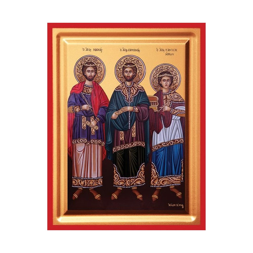 Saints Cosmas, Damian & Panteleimon Serigraphy Icon - Carved Wood