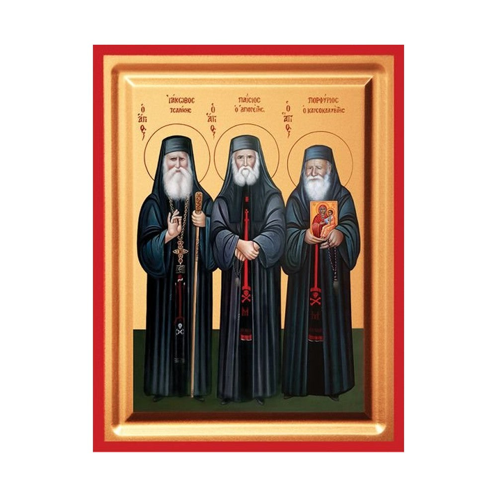 Saints Paisios, Porphyrios & Iakovos Serigraphy Icon - Carved Wood