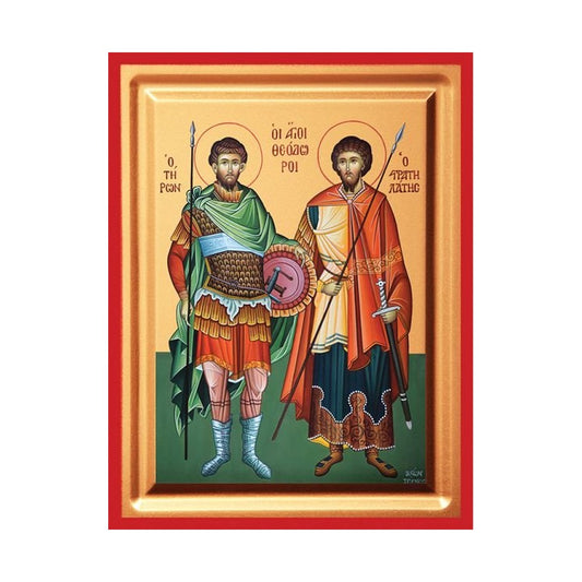 Saints Theodore Tyron & Stratelates Serigraphy Icon - Carved Wood