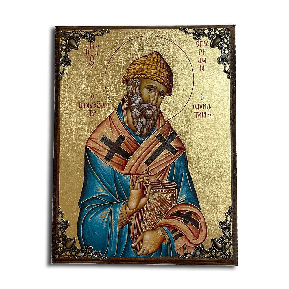 Saint Spyridon Greek Orthodox serigraphy icon on wood with metal corners - TheHolyArt