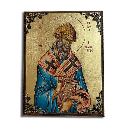 Saint Spyridon Greek Orthodox serigraphy icon on wood with metal corners - TheHolyArt