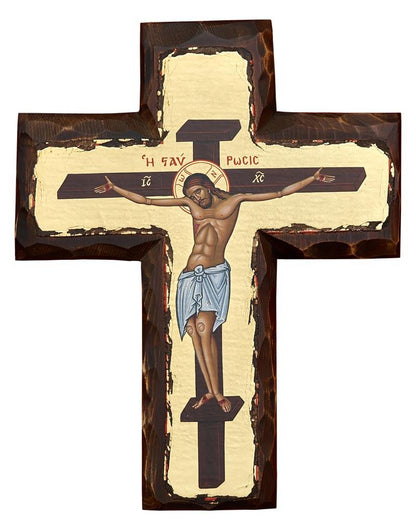 Jesus Christ Crucified handmade Greek Orthodox antiqued hand carved wooden cross - TheHolyArt