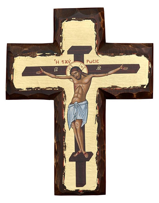 Jesus Christ Crucified handmade Greek Orthodox antiqued hand carved wooden cross - TheHolyArt
