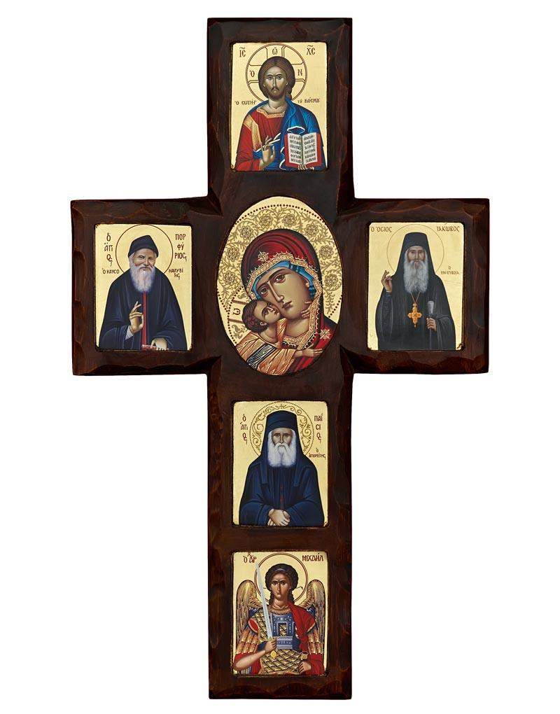 Hand carved wooden cross with six handmade Greek Orthodox icons - TheHolyArt