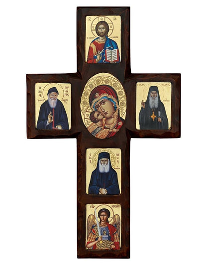 Hand carved wooden cross with six handmade Greek Orthodox icons - TheHolyArt