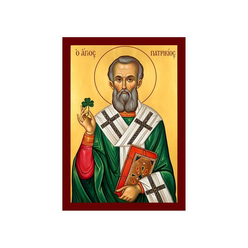 Saint Patrick icon with the Shamrock, Handmade Greek Catholic Orthodox icon of St Patrick of Ireland, Byzantine art wall hanging wood plaque