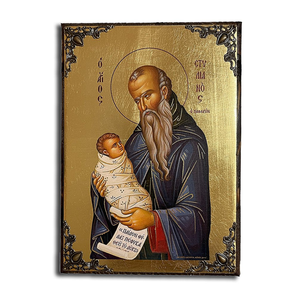 Saint Stylianos Greek Orthodox serigraphy icon on wood with metal corners - TheHolyArt