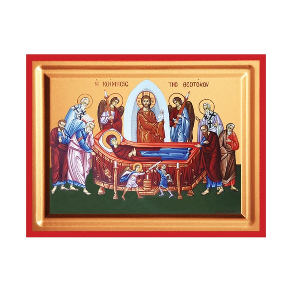 Dormition of the Theotokos serigraphy icon on carved wood, handmade in Greece