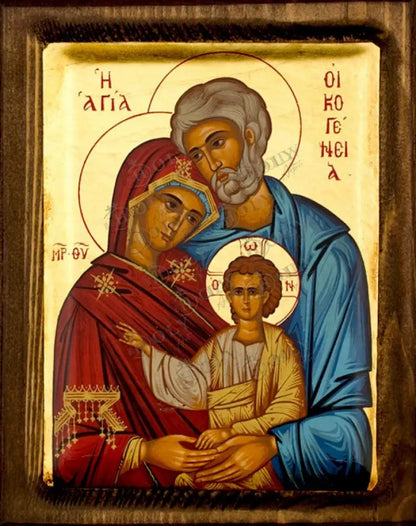 The Holy Family Gold Canvas Serigraphy Handmade Greek Orthodox icon of The Holy Family Byzantine art wall hanging wood