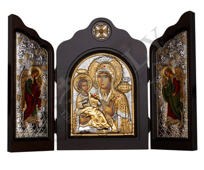 Triptych Virgin Mary icon Panagia Archangel Michael Archangel Gabriel, Handmade Silver 999 Greek Orthodox icon, Byzantine art wall hanging on wood plaque religious icon - TheHolyArt