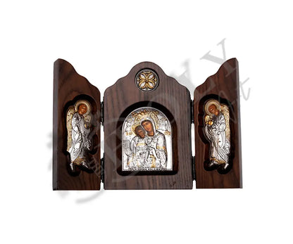 Triptych Virgin Mary icon Panagia Axion Esti Archangel Michael Archangel Gabriel, Handmade Silver 999 Greek Orthodox icon, Byzantine art wall hanging on wood plaque religious icon - TheHolyArt
