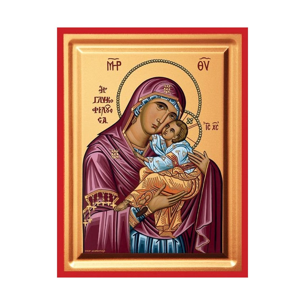 Virgin Mary Glykophilousa Serigraphy Icon - Carved Wood