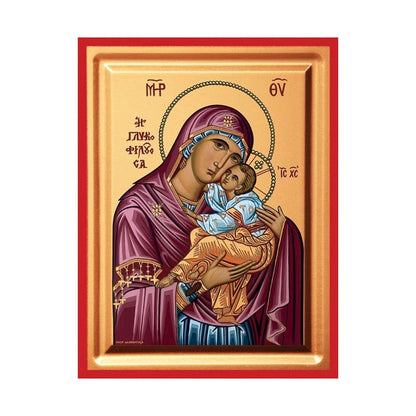 Virgin Mary Glykophilousa Serigraphy Icon - Carved Wood