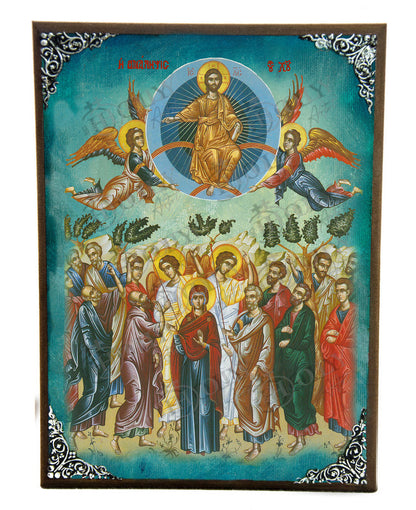 The Ascension of Jesus Christ icon, Handmade Greek Orthodox icon of Analipsi, Byzantine art wall hanging of our Lord rising to Heaven plaque (BM) - TheHolyArt