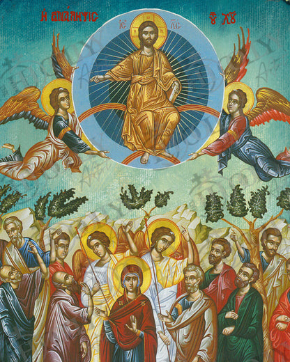 The Ascension of Jesus Christ icon, Handmade Greek Orthodox icon of Analipsi, Byzantine art wall hanging of our Lord rising to Heaven plaque (BM) - TheHolyArt